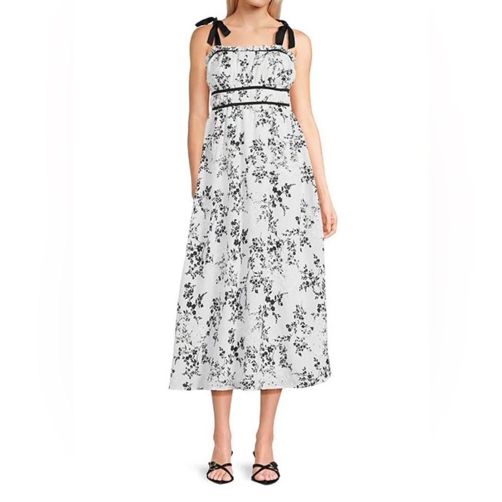 White & Black Floral Tie-Shoulder Midi Dress